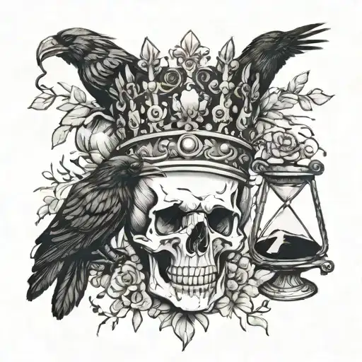 Skull Wearing Crown Of Laurels Surrounded By Crows With An Hourglass Under It