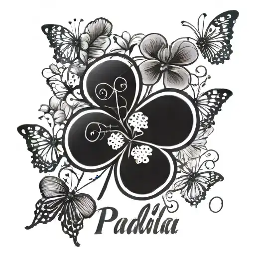 Arce Leaf Clover With The Last Name Padilla Flores In Cursive With Butterflies Flying