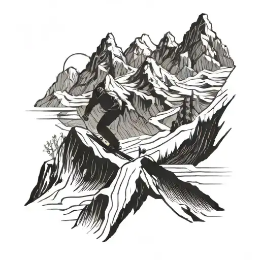 Mountain Range With A Snowboarder Carving Down The Slopes