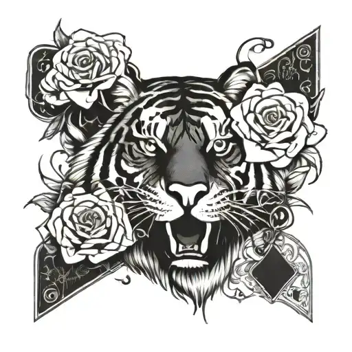 Rose Surrounded By Playing Cards With An Emerging Tiger