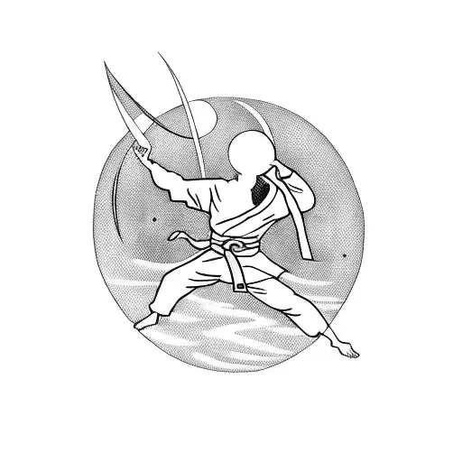 A Martial Arts Silhouette With A Moon And Music Notes Incorporated