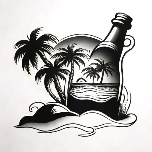 Palm Tree And Bottle Of Rum In The Sand