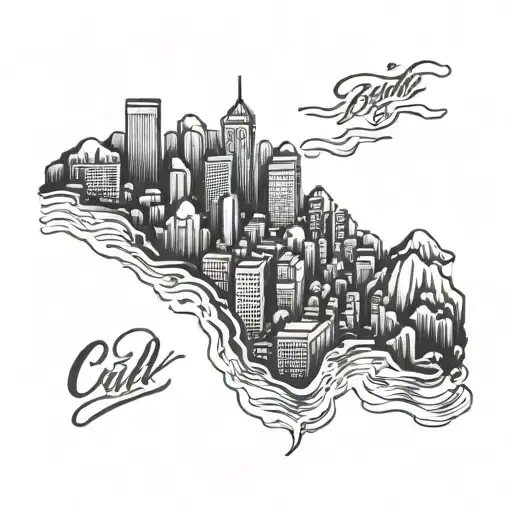 A Blackwork Tattoo Of A Skyline Featuring Both Manchester City's Stadium And A Mountain Peak