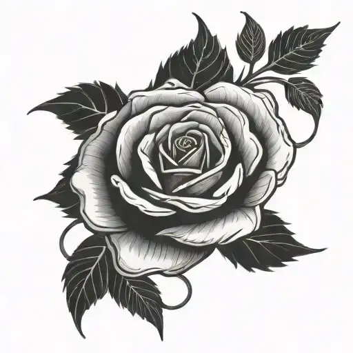 A Blackwork Tattoo Of A Gothic Rose Intertwined With Guitar Strings