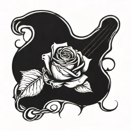 A Blackwork Tattoo Of A Gothic Rose Intertwined With Guitar Strings