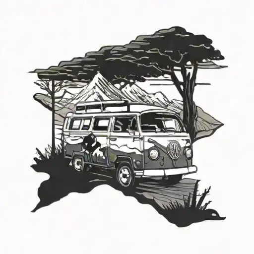 A Vw Camper Van Cruising Through A Mountain Landscape With A Boxer Dog Hanging Out The Window