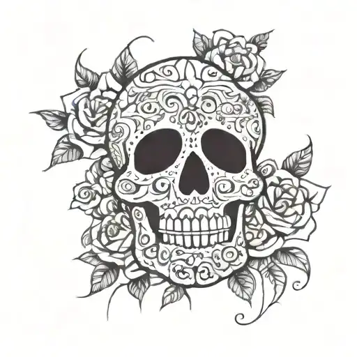 An Abstract Day Of The Dead Design Incorporating Spools And Needles In Blackwork Style
