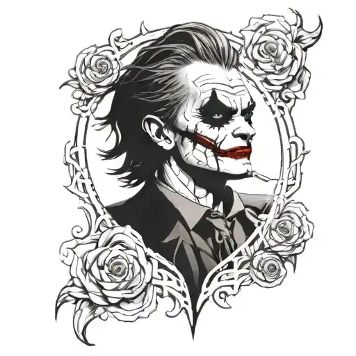 An Anime-inspired Joker Tattoo Featuring A Realistic Portrayal Of The Character In A Blackwork Style
