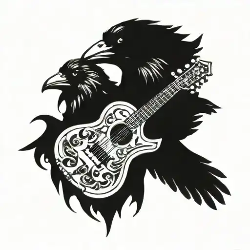 A Guitar Merging With A Raven In A Blackwork Style Tattoo Design