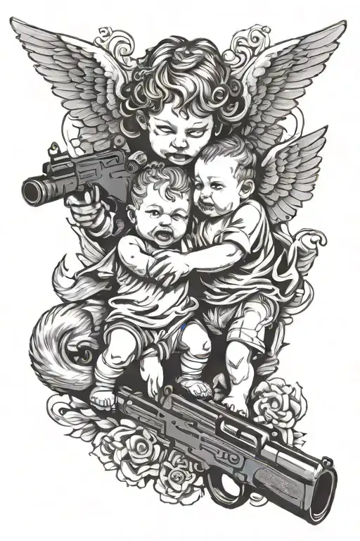 Baby Angel And Baby Devil Pointing Ak 47 Gun At Each Other