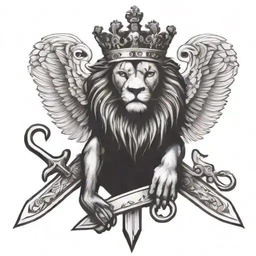 Crowned Lion With Paw Over Sword And Spread Eagle Wings Near Crossed Vatican Keys