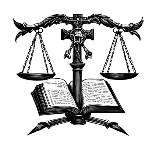 Minimalistic Patch Work Style Latin Budded Cross Scale Of Justice With Knife And Bible In The Scale