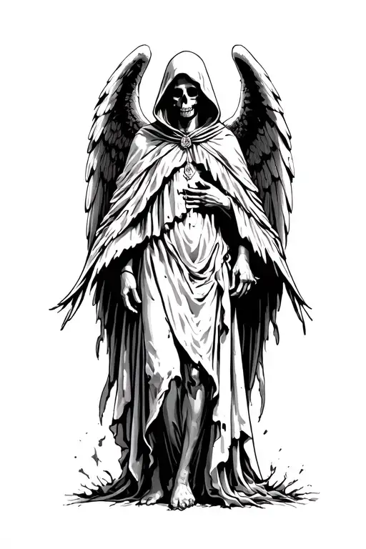 Angel Of Death Standing Wings Spread Cape Tattered With Hood