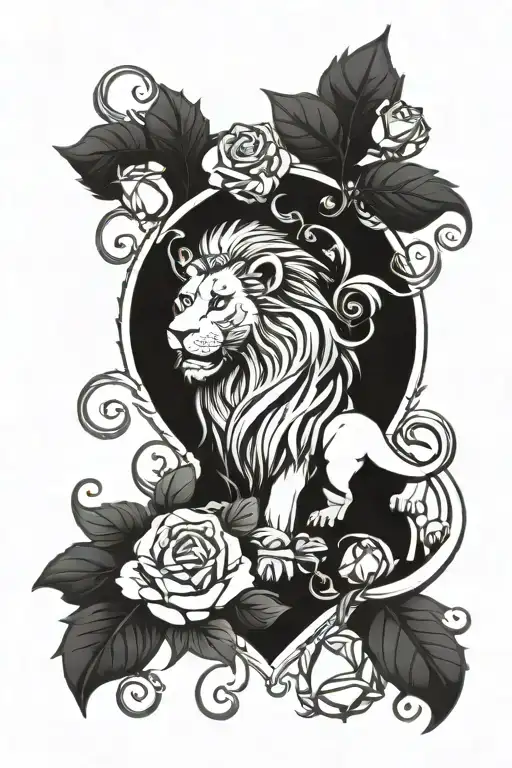 Heraldic Lion Surrounded By Wreath Roses Vines Tough