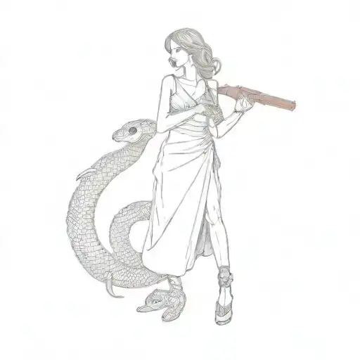 A Woman In A Red Dress Holding A Gun With Snakes