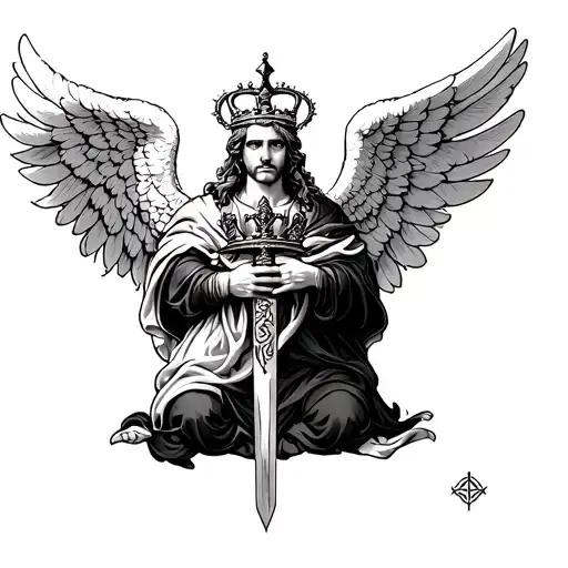 Guardian Angel With A Sword And Wings And A Crown In His Paws