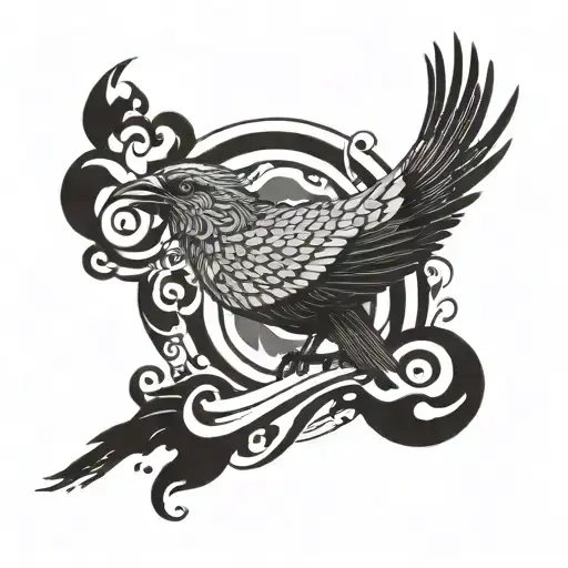 A Tropical Bird Perched On A Swirling Hurricane In Blackwork Style