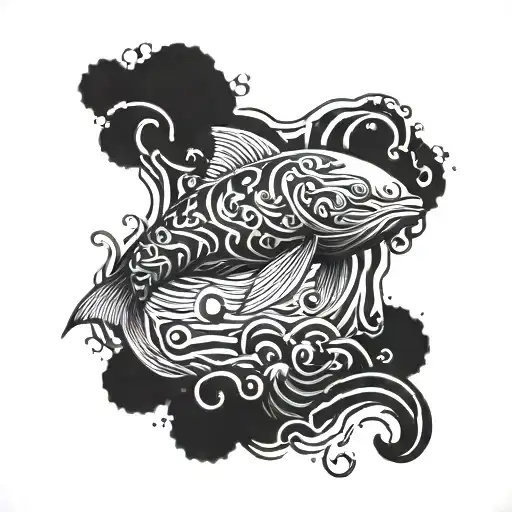 A Stylized Blackwork Tattoo Of A Majestic Manati Swimming Gracefully Through The Ocean Depths