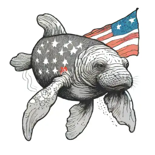 A Realistic Portrait Of A Manatee With The Puerto Rican Flag As A Background