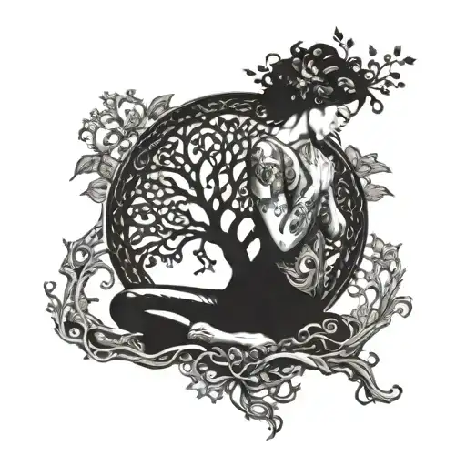 Mother Nature Kneeling By The Tree Of Life