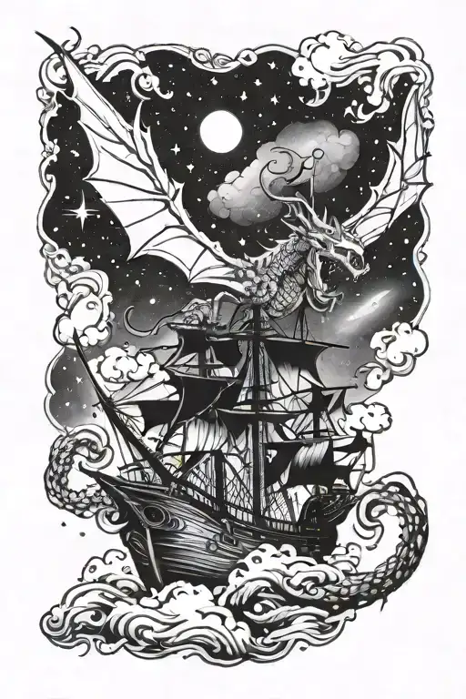 A Dragon Flying Over A Pirate Ship In A Cosmic Universe