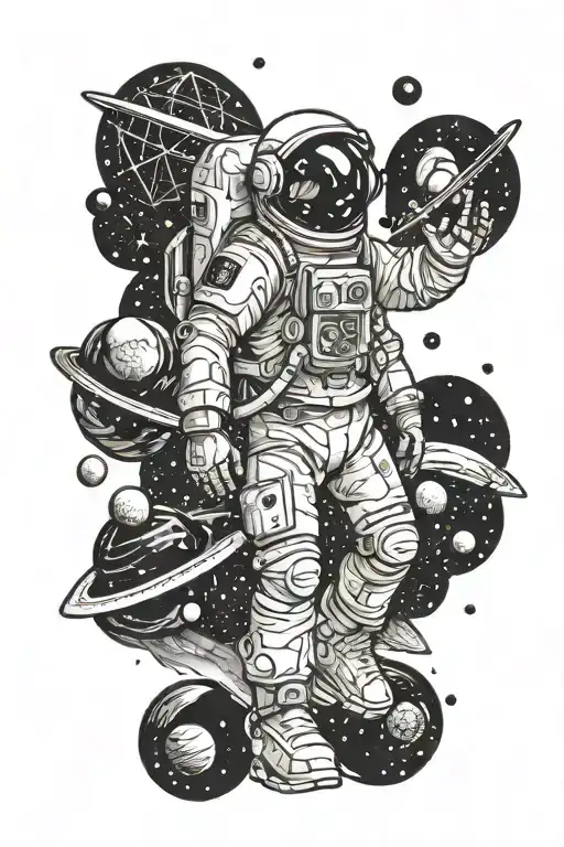 A Geometric Astronaut Floating In Space Surrounded By Planets And Galaxies