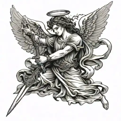 Angel Holding A Sword Up To The Sky Wings Spread Wide