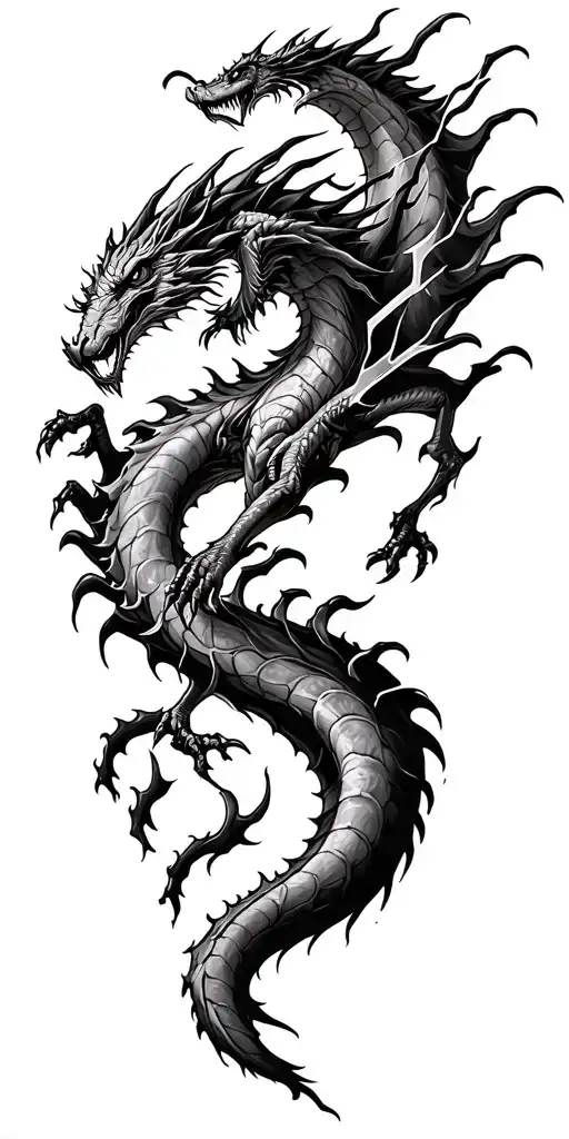 Realistic Lightning Striking Blackwork Tattoo With Dragon