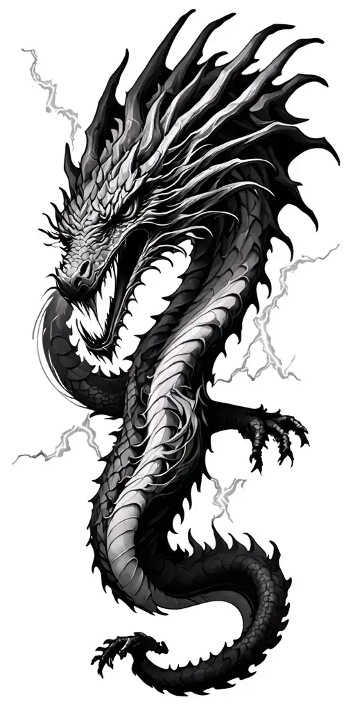 Realistic Lightning Striking Blackwork Tattoo With Full Body Dragon