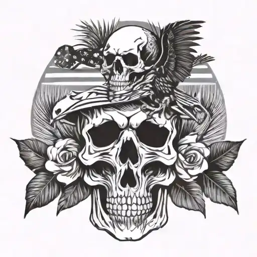 Combine Elements Of The Puerto Rican Flag With A Skull And Raven In A Tropical Setting