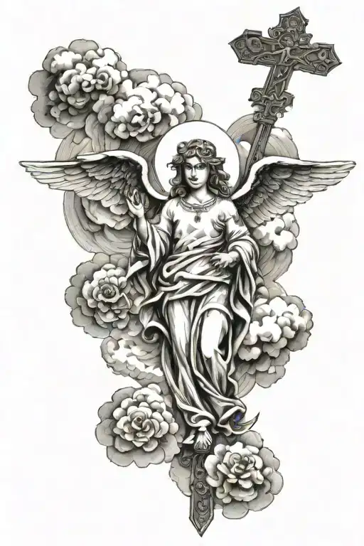 Religious Piece With Clouds Surrounding Angels With A Cross In The Middle