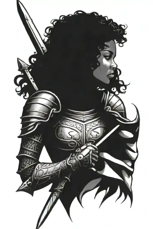 Black Female Knight Holding Sword Over Shoulder