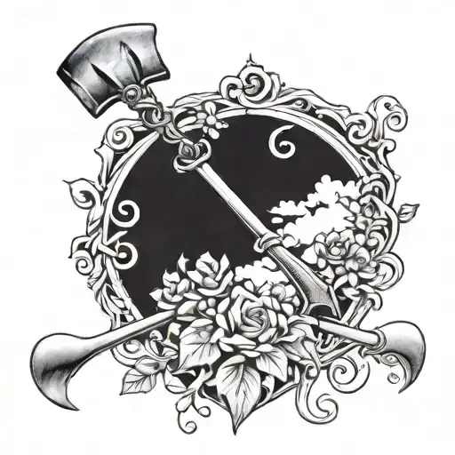 Shovel Garden Fork Crossed Scroll Clouds