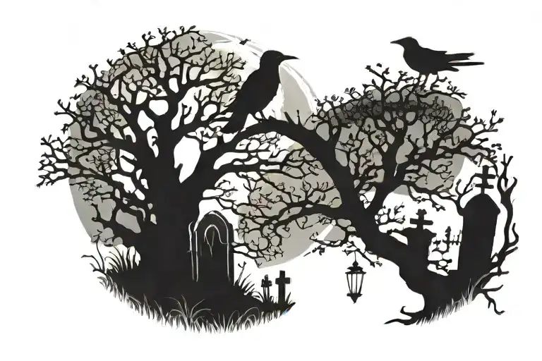 Grave Yard With Full Moon And Oak Tree With Crows