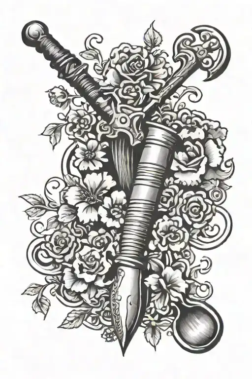 Shovel Garden Fork Crossed Scroll Clouds