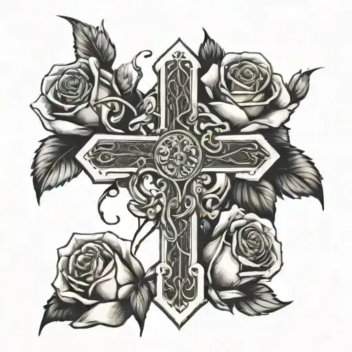 A Cross Broken In Half With A Rose Wrapped Around It