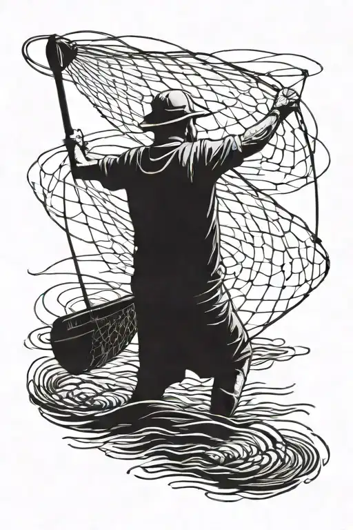A Detailed Blackwork Tattoo Of A Fisherman Casting A Net Into The Water