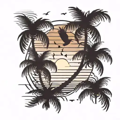 A Palm Tree Silhouette With A Sunset Behind It And Birds Flying In The Background