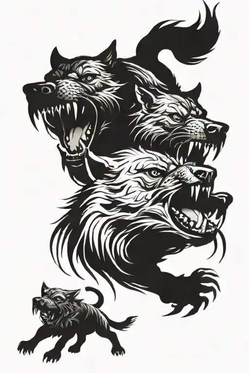 Full Body Of A Cerberus Dog Snarling And One Of The Heads With Its Eyes Closed