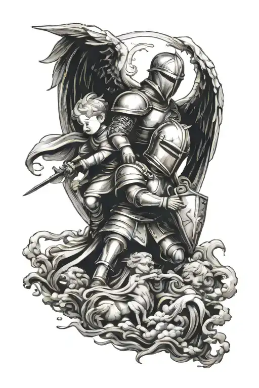 2 Child With Knight In Heaven Protect Angel