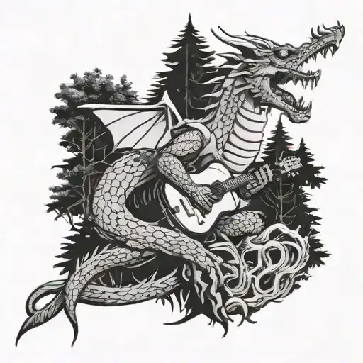 A Dragon Playing A Guitar In A Serene Forest Setting