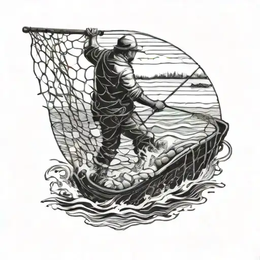 A Detailed Blackwork Tattoo Of A Fisherman Casting A Net Into The Water On The Beach
