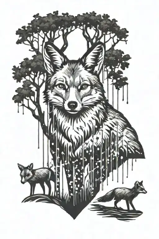 Buck Standing In Woods Surrounded By Rain With Small Fox In Background