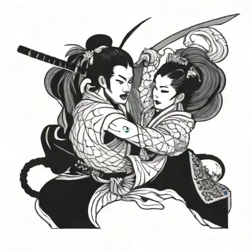 Geisha And Samurai Engaged In A Fierce Battle On A Battlefield