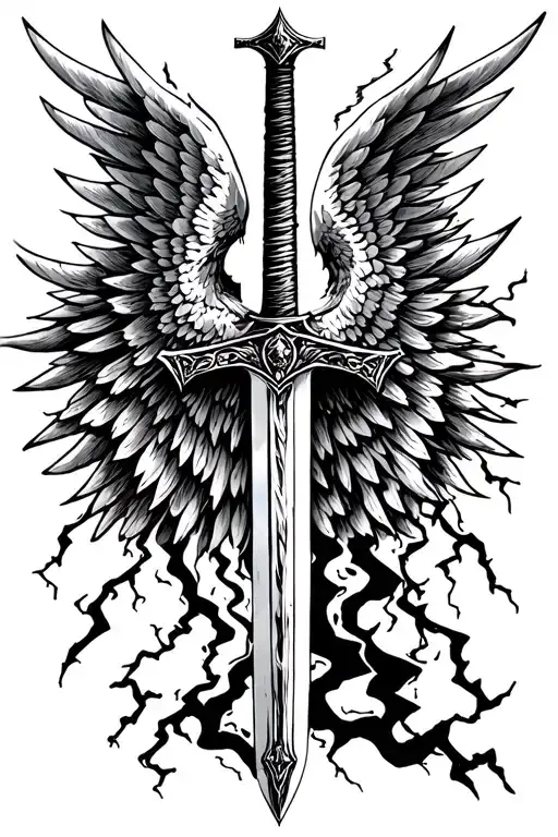 Great Sword With Wings Pointing Down Around It With Lightning