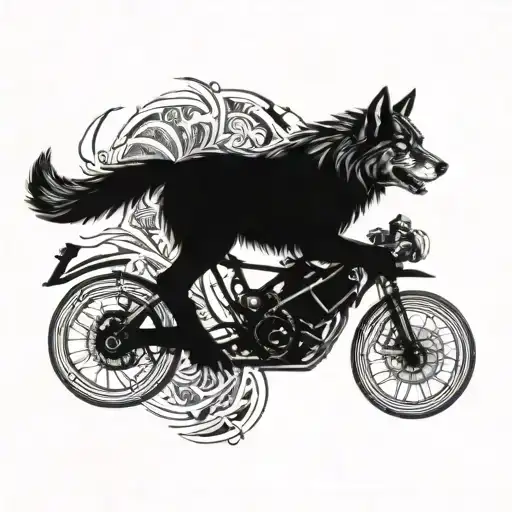 A Detailed Blackwork Tattoo Of A Wolf And A Superbike Merging Into A Unique Hybrid Creature