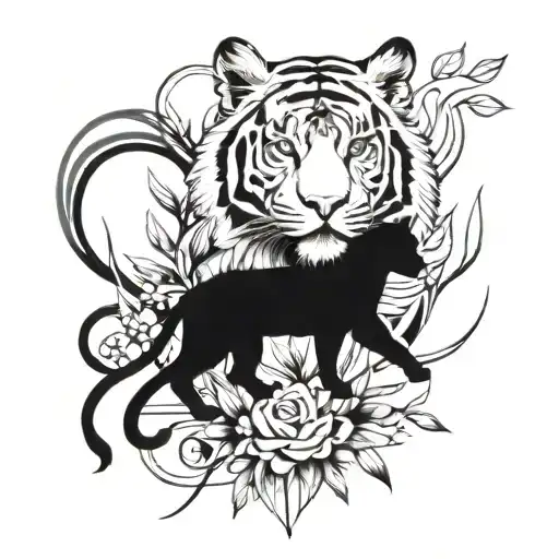 An Abstract Blackwork Tattoo Featuring Elements Of Nature Intertwined With A Tiger Silhouette