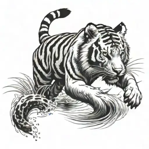 A Tattoo Of A Tiger Gracefully Leaping Over A Stream In A Nature Setting