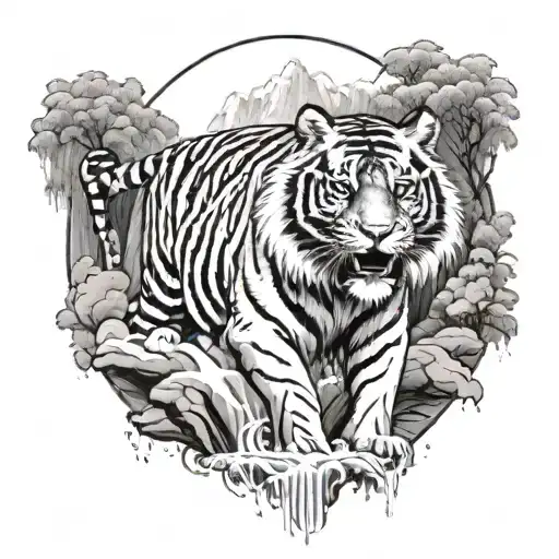 A Majestic Tiger Standing Under A Cascading Waterfall