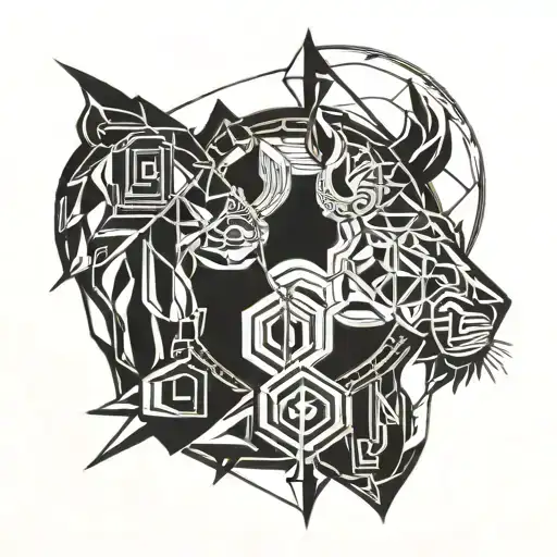 A Stylized Geometric Tattoo Combining The Symbols Of Leo And Libra In A Modern And Abstract Way